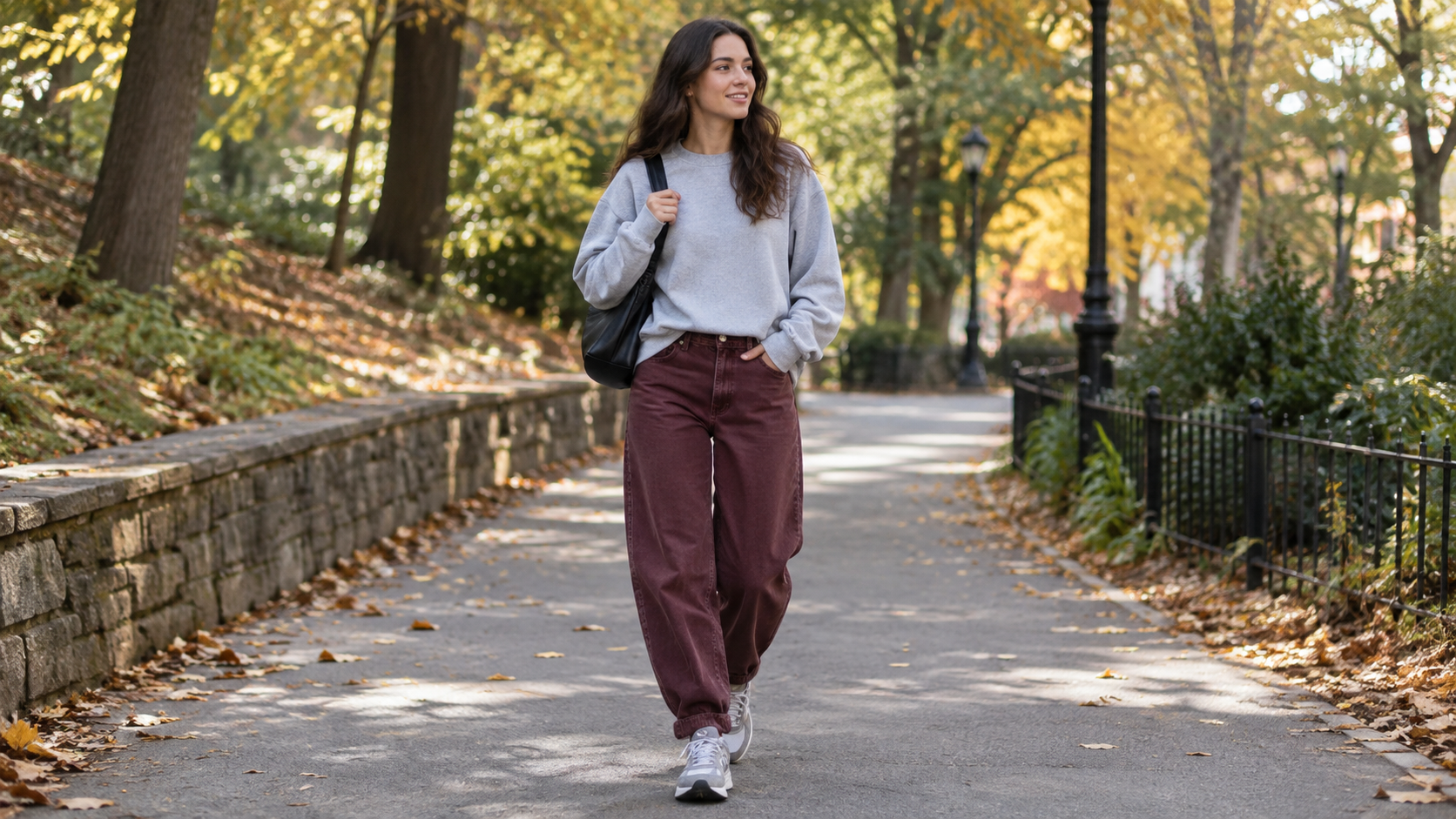Heather Gray Sweatshirt with Burgundy Barrel Jeans and Gray Sneakers